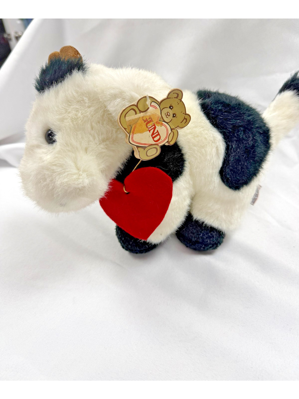 Vintage GUND Cow Plush Stuffed Animal Red Heart Tag Black White Farm Toy